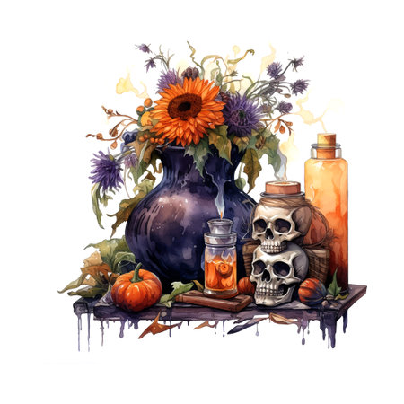 Retro halloween still-life watercolor, great design for any purposes.のイラスト素材