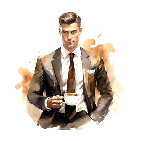 Businessman with coffee watercolor in paper art style on white backgroundのイラスト素材