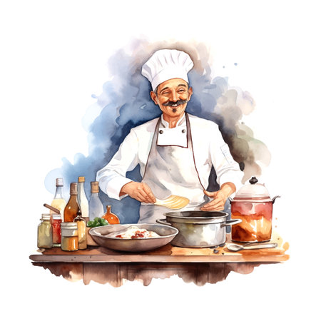 Retro watercolor character cook cartoon watercolor for wallpaper designのイラスト素材