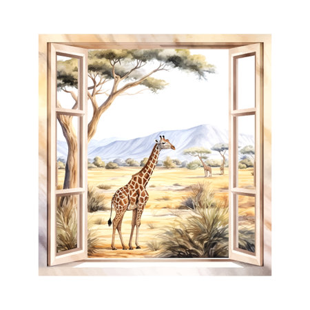 View window Africa watercolor on white background.のイラスト素材