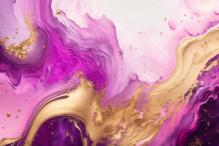 purple pink fluid art watercolor background with golden glitterの写真素材