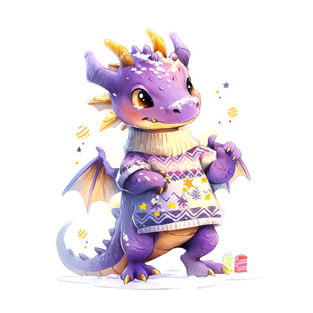 Cute Christmas purple dragon in watercolor style on white backgroundのイラスト素材