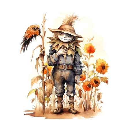 Scarecrow garden halloween watercolor in vintage style on white background.のイラスト素材