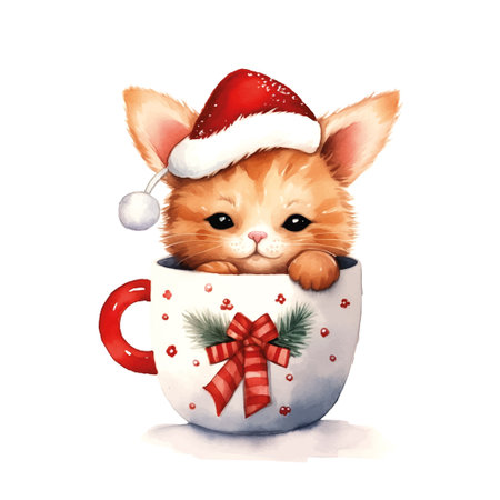 Watercolor illustration cute cat in cup of coffee and tea for Christmas day.のイラスト素材