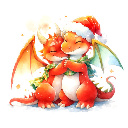 Christmas cute little 2 dragons hugging in watercolor style on white backgroundのイラスト素材