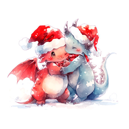 Christmas cute little 2 dragons hugging in watercolor style on white backgroundのイラスト素材