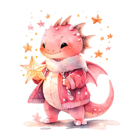 Cute Christmas red dragon with star in watercolor style on white backgroundのイラスト素材
