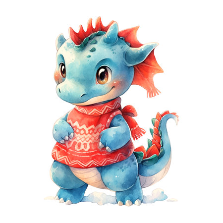 Cute Christmas blue dragon in watercolor style on white backgroundのイラスト素材