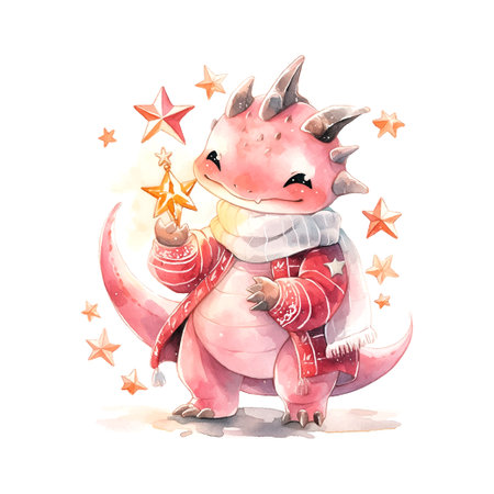 Cute Christmas red dragon with star in watercolor style on white backgroundのイラスト素材