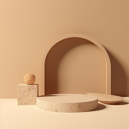 small cylindrical podium, pedestal, platform for the presentation. Concept of beige minimalistic studio scenes with shadows, 3d rendering, copy space around the podiumの写真素材