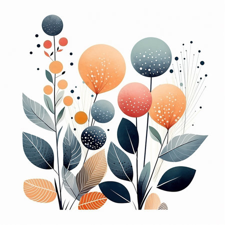 plants abstract, retro art style, different pastel color, on a whiteの写真素材
