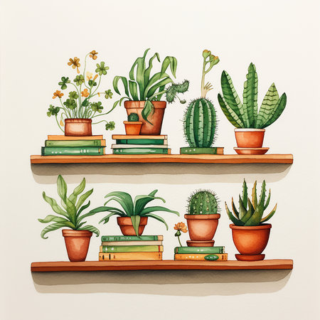 some plants have watercolor illustrations in the background, in the style of artifacts of online cultureの写真素材