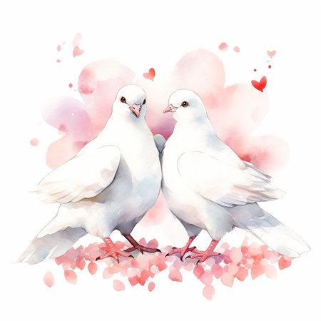 Valentine's day white pigeons watercolor illustration style on whiteの写真素材