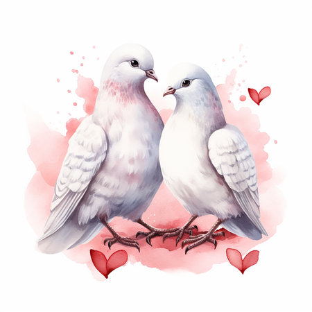 Valentine's day white pigeons watercolor illustration style on whiteの写真素材