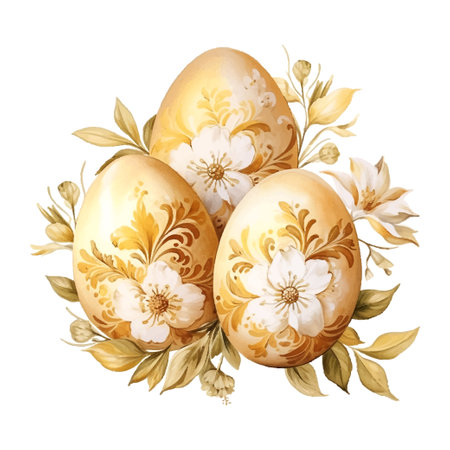 golden easter eggs with flowers vintage style watercolor on whiteのイラスト素材