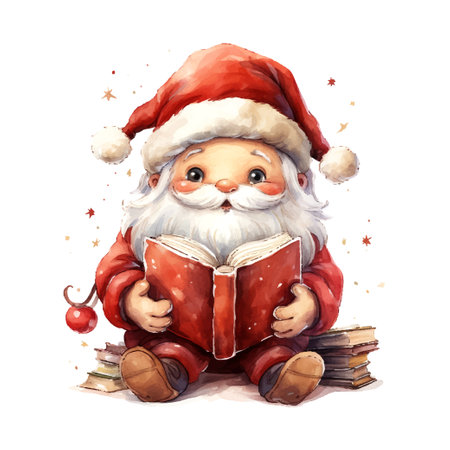 detailed vintage old kawaii santa read book full body, old color, in the style of drawn illustrationsのイラスト素材