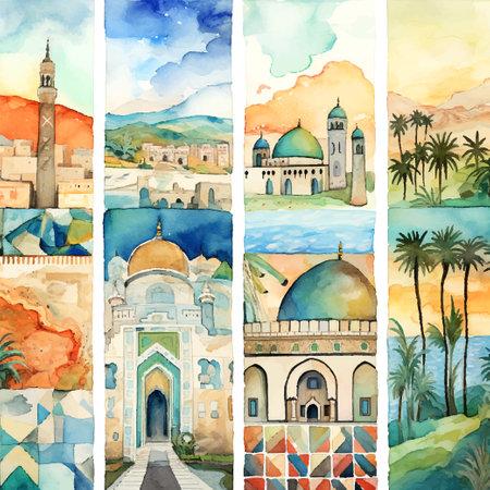 Watercolor collage of 5 travel views, illustrations clipart set, simple, abstracted, cartoonのイラスト素材