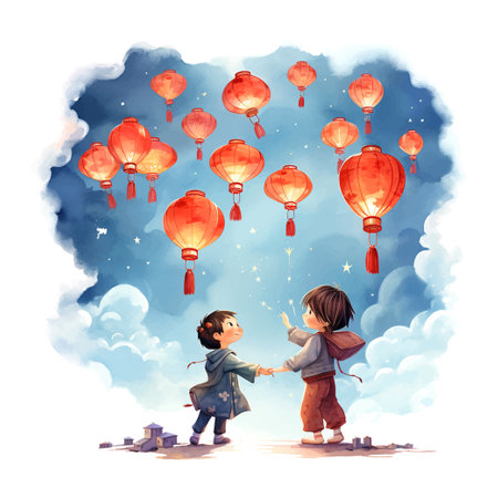 Chinese lanterns children's book illustration style on whiteのイラスト素材