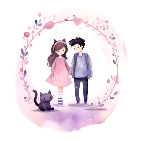 a whimsical gouache adorable couple cat cute holding ring in hands clipart with gouacheのイラスト素材