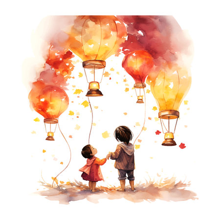 Chinese lanterns children's book illustration style on whiteのイラスト素材