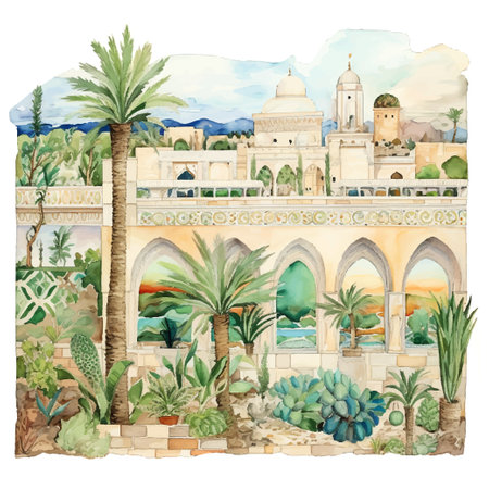 Watercolor collage of 5 travel views, illustrations clipart set, simple, abstracted, cartoonのイラスト素材