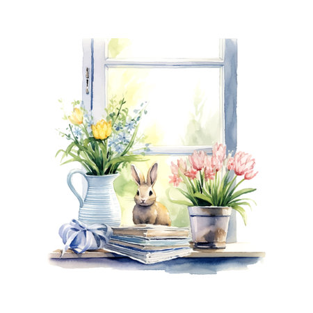Spring windowsill landscape scene with Spring objects like books, vase with flowers, bunnyのイラスト素材