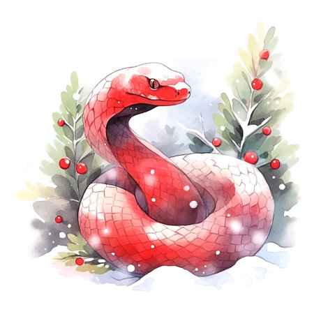 Christmas snake 2025 New Year watercolorのイラスト素材