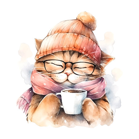 cat in the turban with a cup of coffee watercolor on whiteのイラスト素材