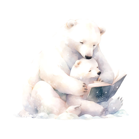 cute polar bear with mother watercolor children's book illustration style on whiteのイラスト素材