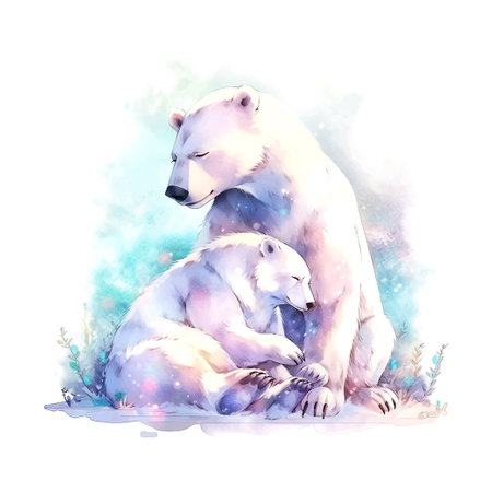 cute polar bear with mother watercolor children's book illustration style on whiteのイラスト素材