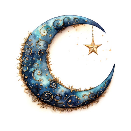 Ramadan crescent moon watercolor illustration on whiteのイラスト素材