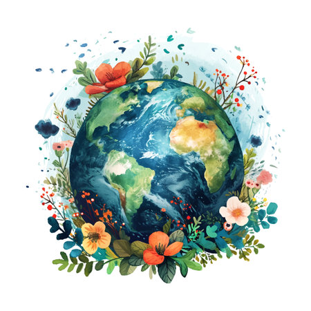 earth day cartoon style watercolor illustration on whiteのイラスト素材