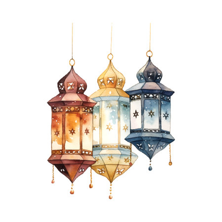 Ramadan lanterns watercolor illustration on whiteのイラスト素材