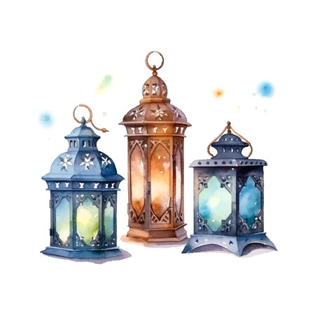 Ramadan lanterns watercolor illustration on whiteのイラスト素材