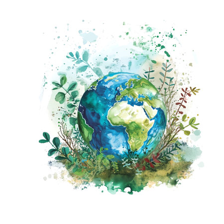 earth day cartoon style watercolor illustration on whiteのイラスト素材