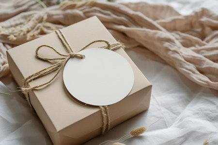 gift box with flowers with round postcard mockupの写真素材