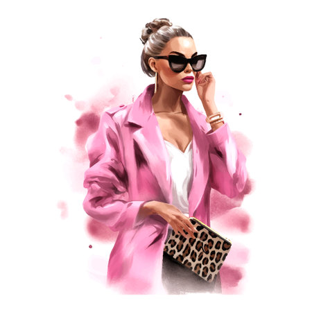 woman in a leopard print jacket and sunglasses talking on cell phone, women's dayのイラスト素材