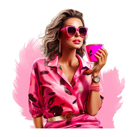 a woman in a leopard print shirt and sunglasses drinking coffee, clip art, pink face, dressed in expensiveのイラスト素材