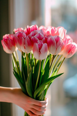 a vase filled with pink and white tulipの写真素材