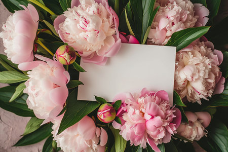postcard in bouquet of peonies mockupの写真素材