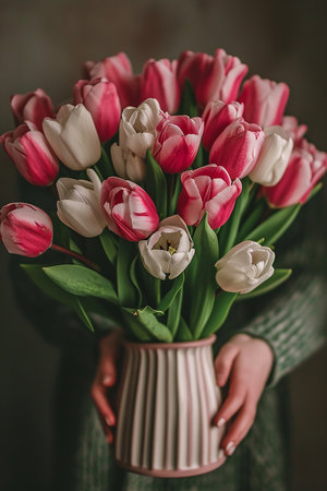 a vase filled with pink and white tulipの写真素材