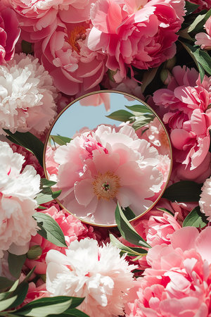 postcard in bouquet of peonies mockupの写真素材