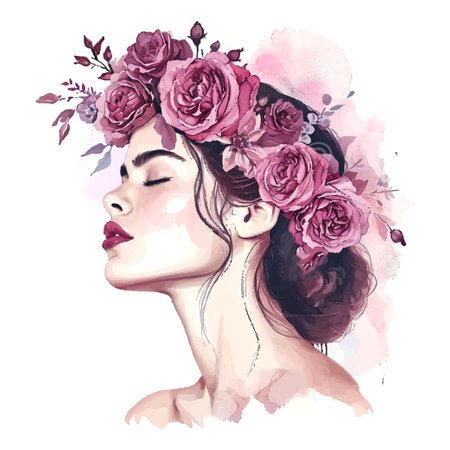 beautiful woman with flowers in her hair and a wreath of roses artのイラスト素材
