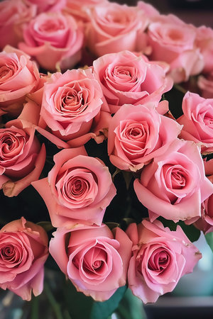 bouquet of pink roses in vase, in the mood for loveの写真素材