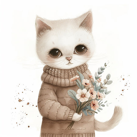 a painting of cute kitten in a sweater holding flowers, women's dayの写真素材