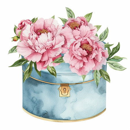 hatbox with peonies cartoon style watercolor illustration on whiteの写真素材