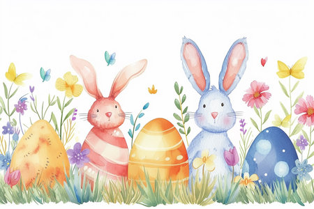 easter theme background, beautiful watercolor design with eggs and bunnyの写真素材