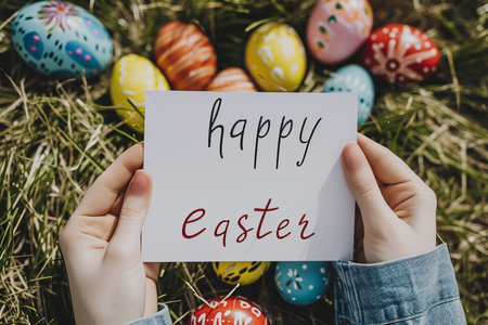 woman holding white paper, a postcard, easter eggs, mockup