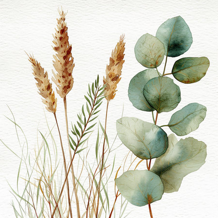 hand painted watercolor textured grain eucalyptus elements with pampas dry isolatedの写真素材