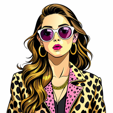 a woman in a leopard print shirt and sunglasses, clip art, pink face, dressed in expensiveのイラスト素材